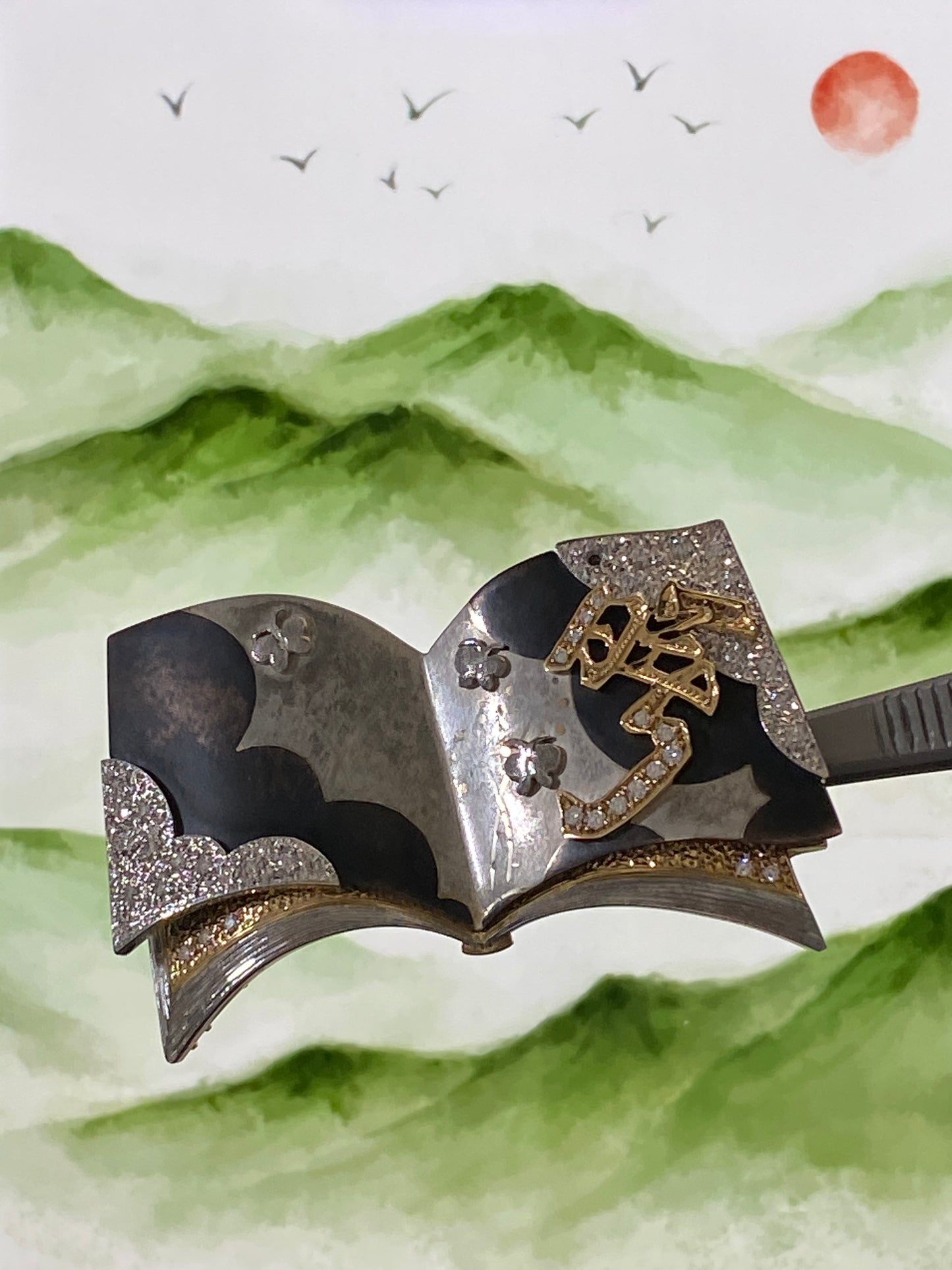 Nobuko Ishikawa's Book Motif Onyx Diamond Brooch and Pendant Top