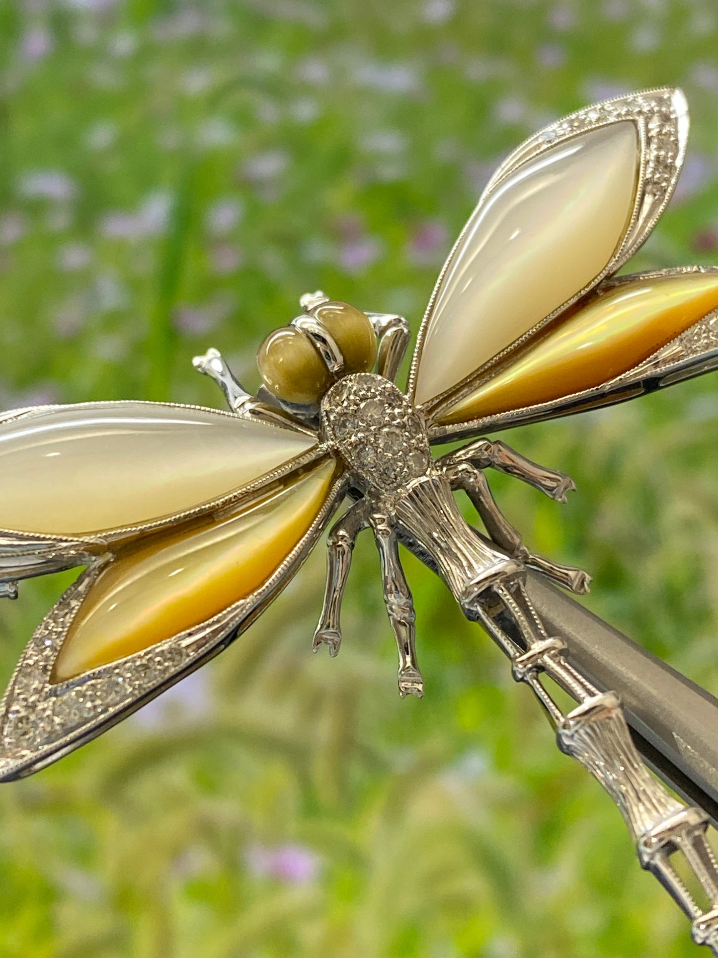 Shell Dragonfly Motif Diamond Gold Brooch