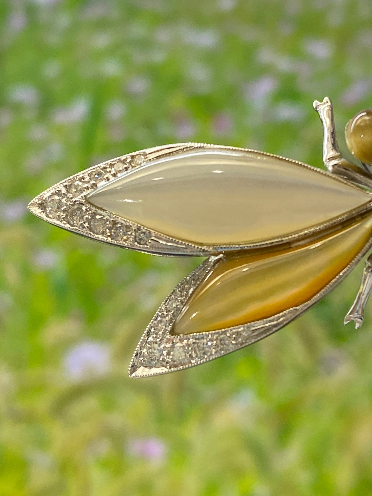 Shell Dragonfly Motif Diamond Gold Brooch
