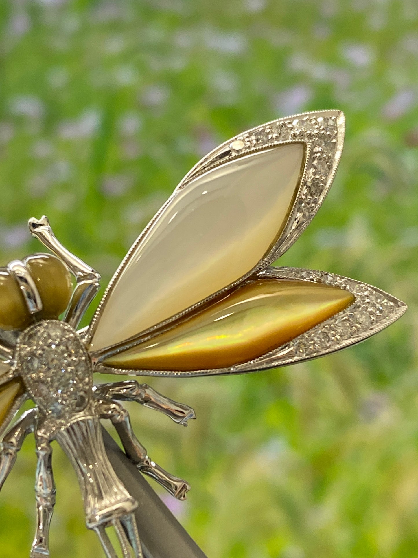 Shell Dragonfly Motif Diamond Gold Brooch