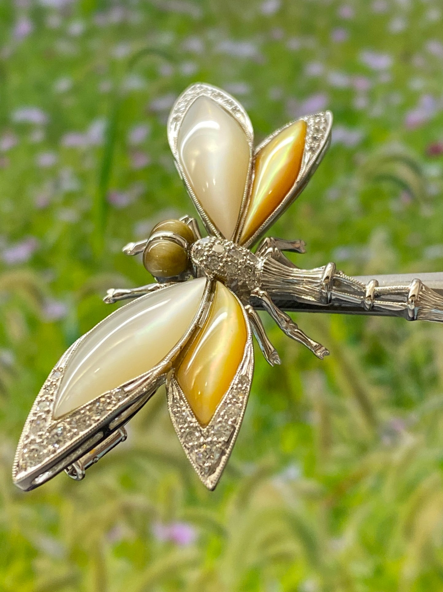 Shell Dragonfly Motif Diamond Gold Brooch