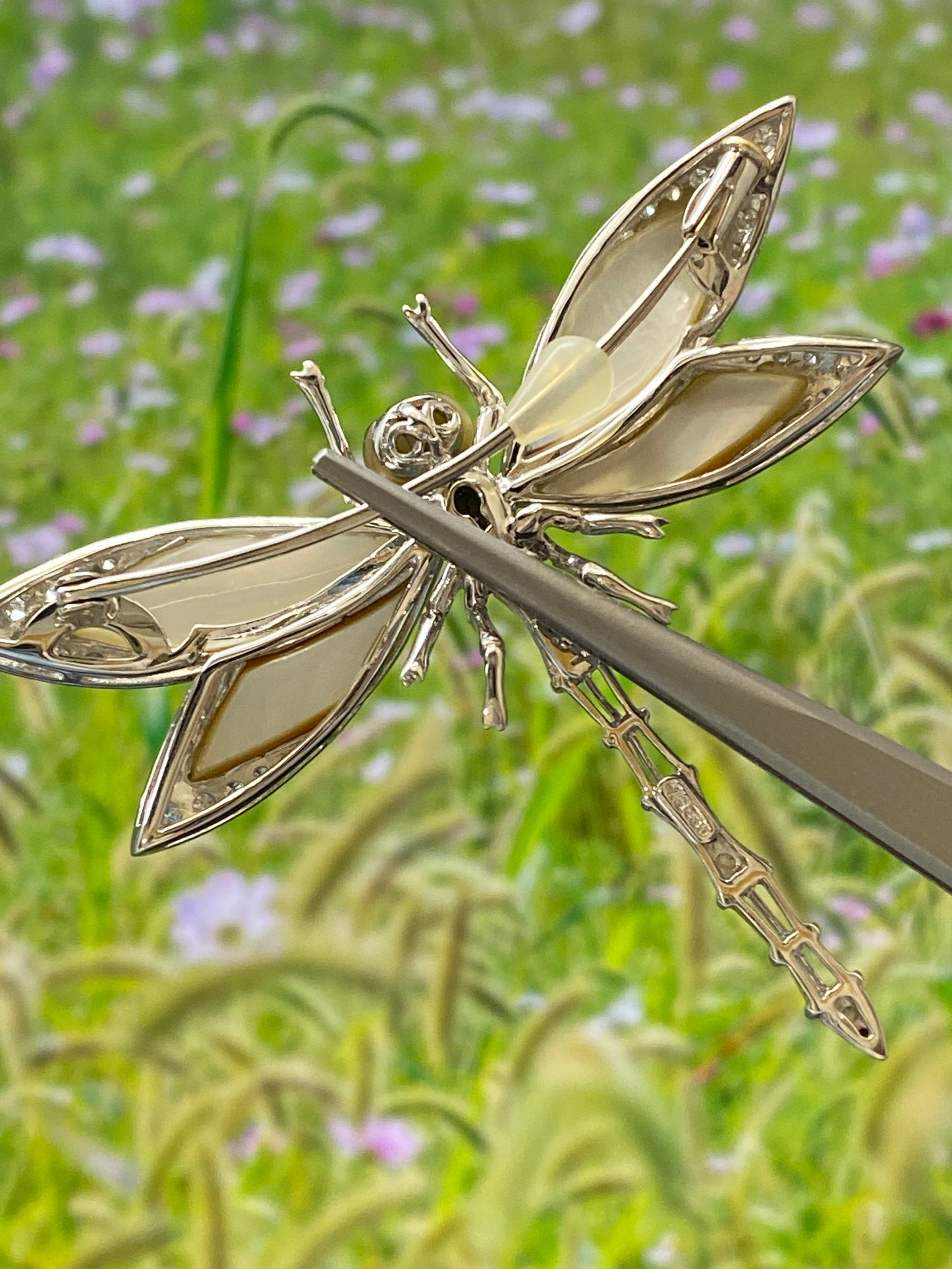 Shell Dragonfly Motif Diamond Gold Brooch
