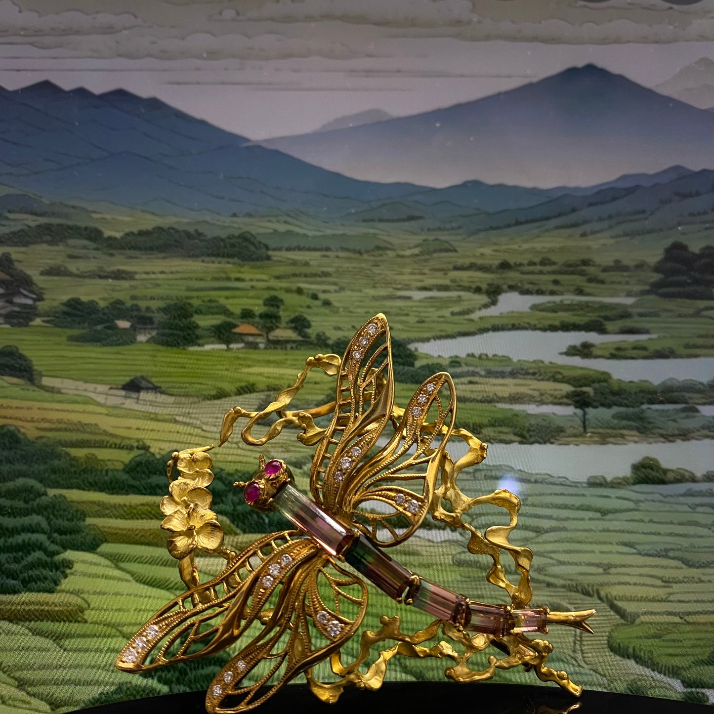 Dragonfly motif Tourmaline Ruby Diamond Brooch