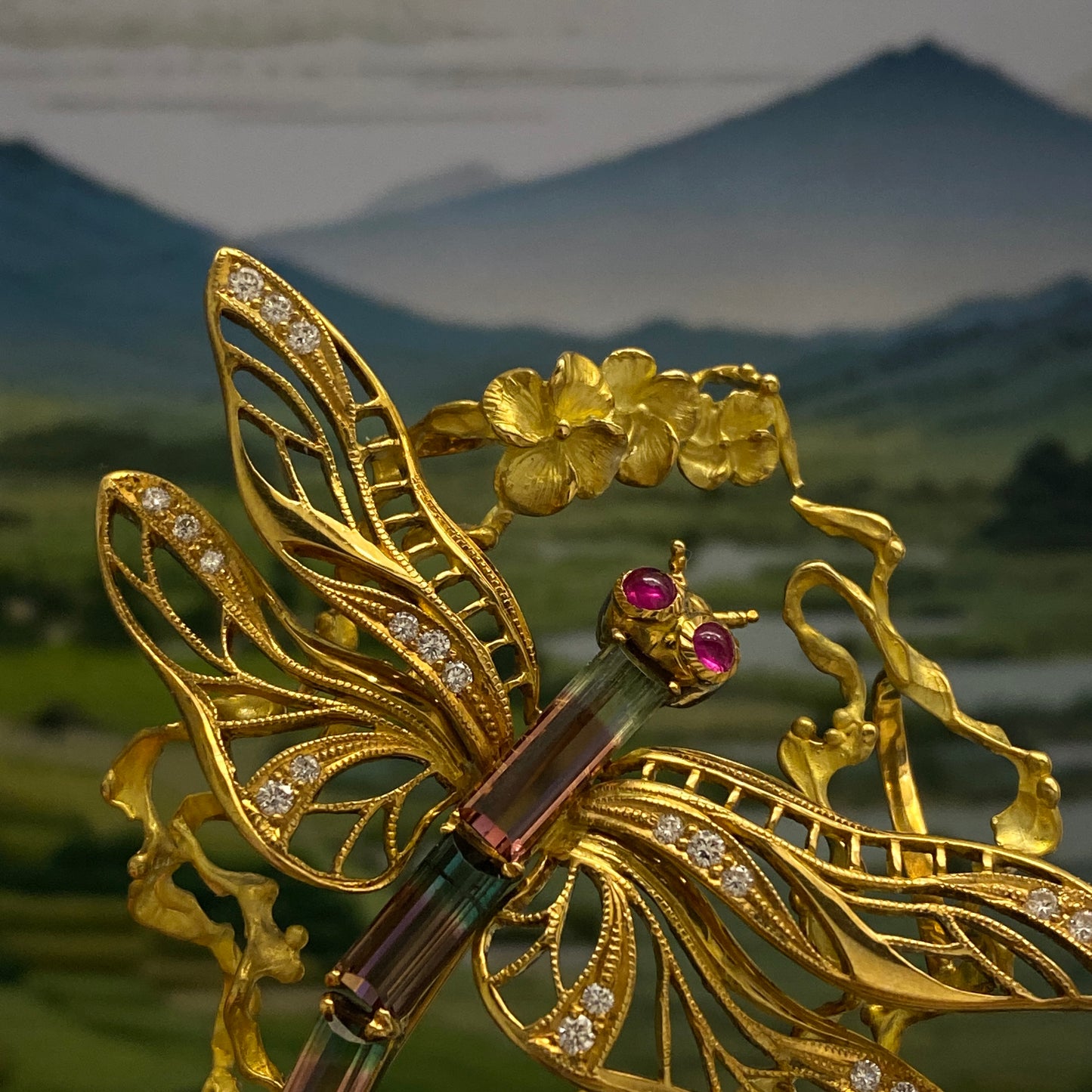 Dragonfly motif Tourmaline Ruby Diamond Brooch