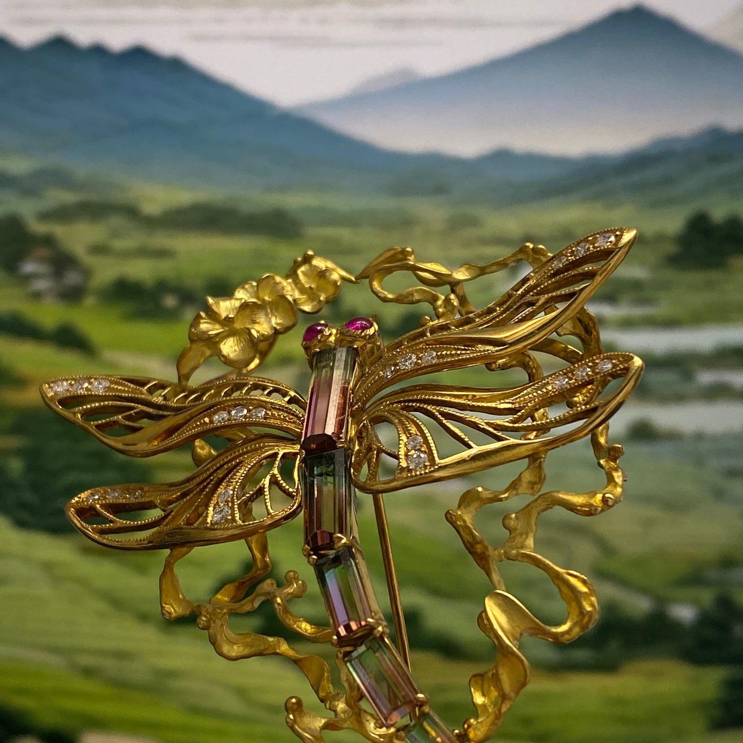 Dragonfly motif Tourmaline Ruby Diamond Brooch