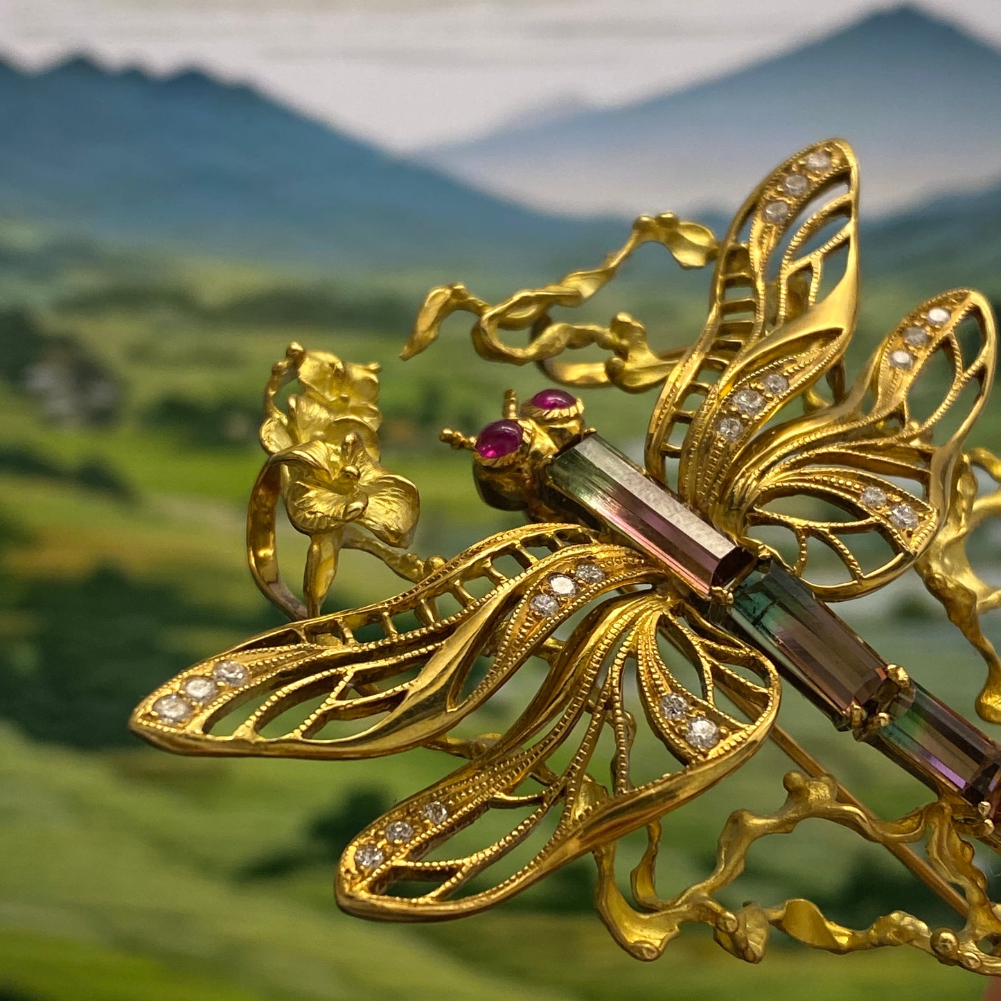 Dragonfly motif Tourmaline Ruby Diamond Brooch