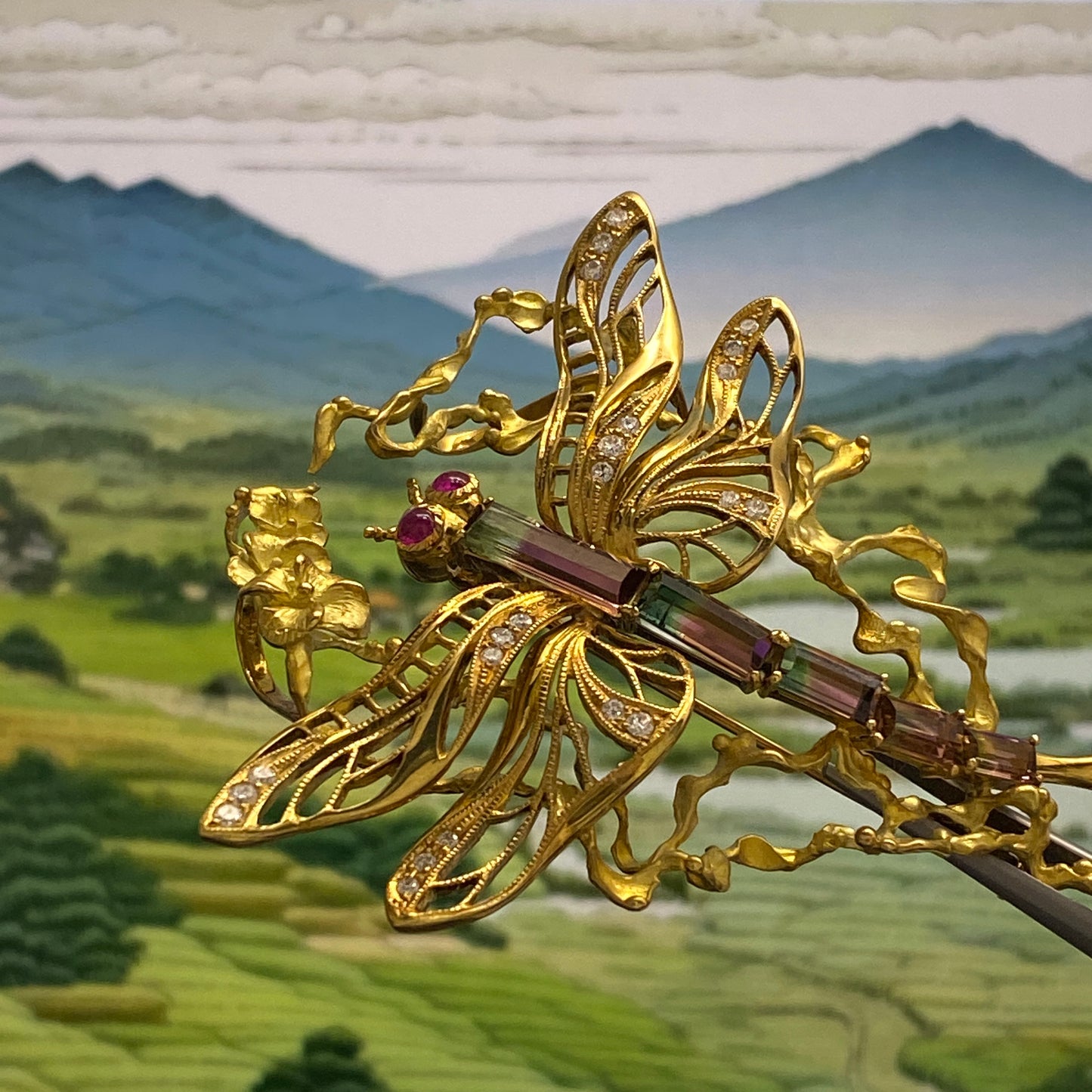 Dragonfly motif Tourmaline Ruby Diamond Brooch