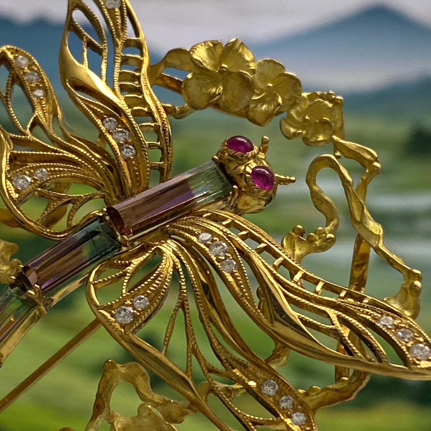 Dragonfly motif Tourmaline Ruby Diamond Brooch