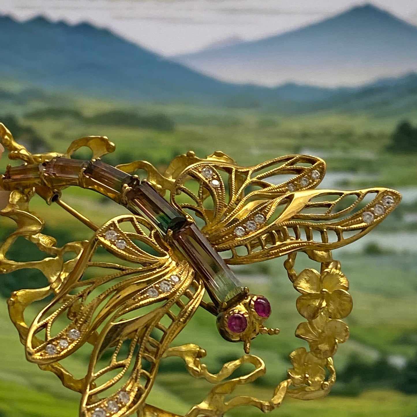 Dragonfly motif Tourmaline Ruby Diamond Brooch