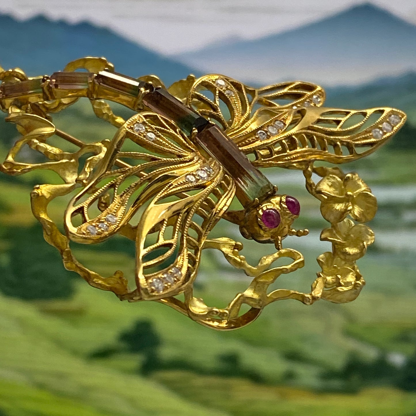 Dragonfly motif Tourmaline Ruby Diamond Brooch
