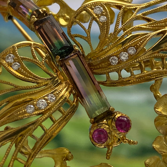 Dragonfly motif Tourmaline Ruby Diamond Brooch