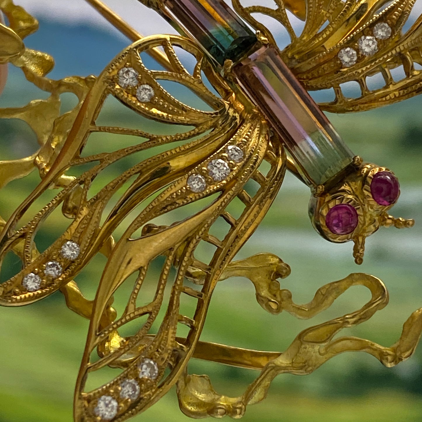 Dragonfly motif Tourmaline Ruby Diamond Brooch