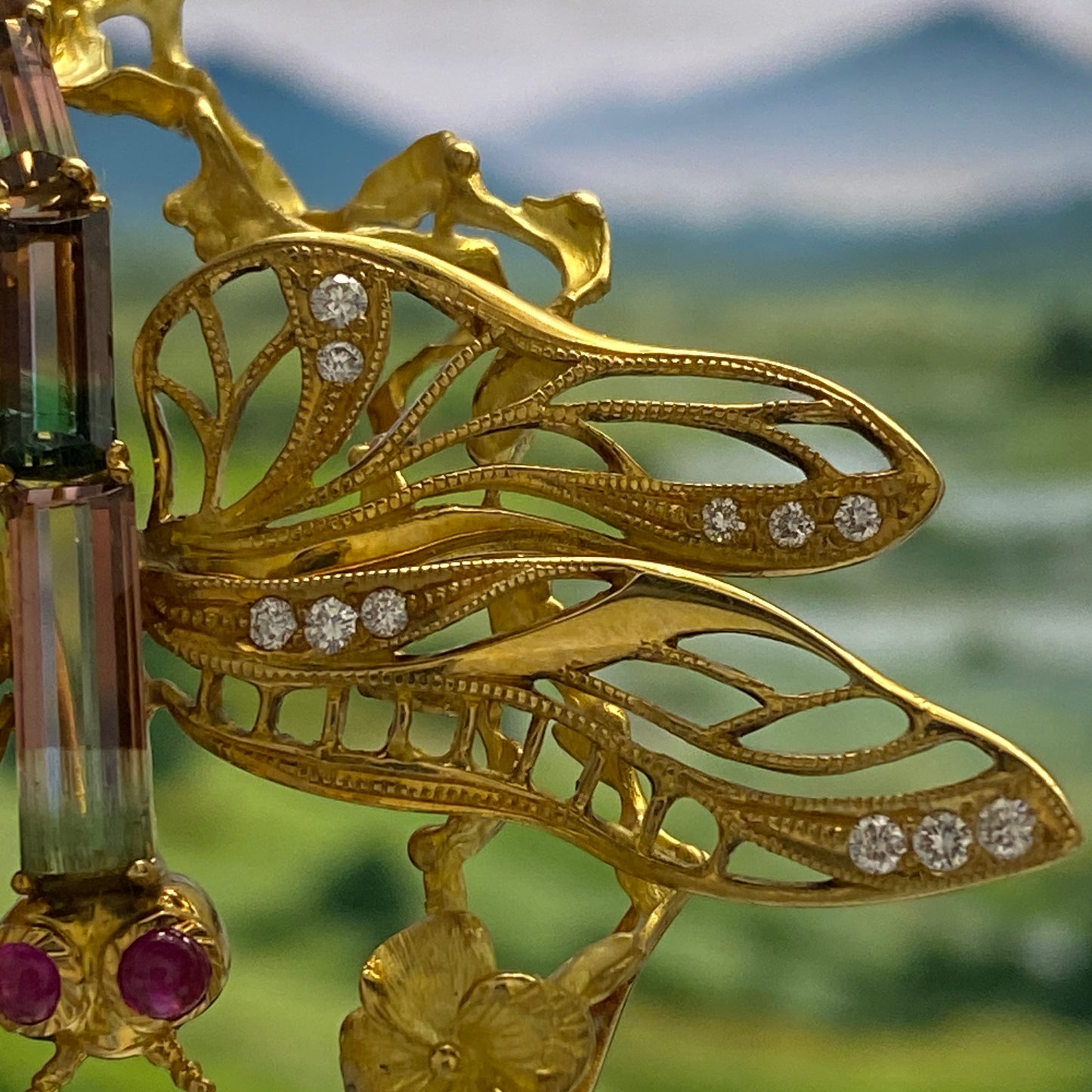Dragonfly motif Tourmaline Ruby Diamond Brooch