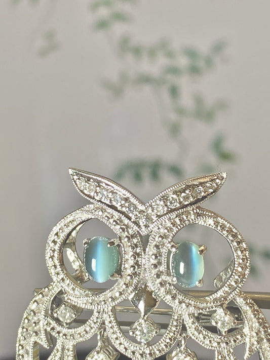 Owl motif Catseye Diamond Brooch