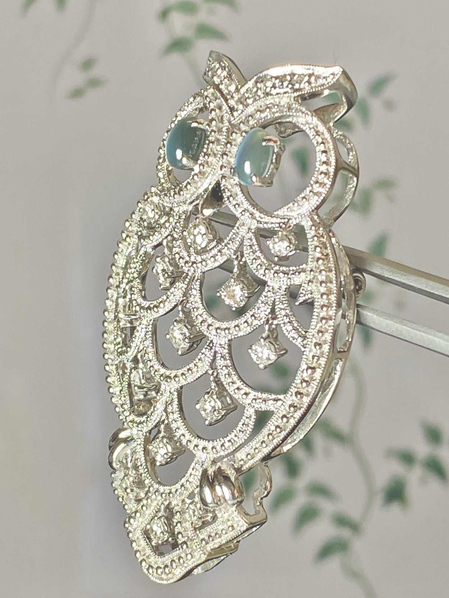 Owl motif Catseye Diamond Brooch