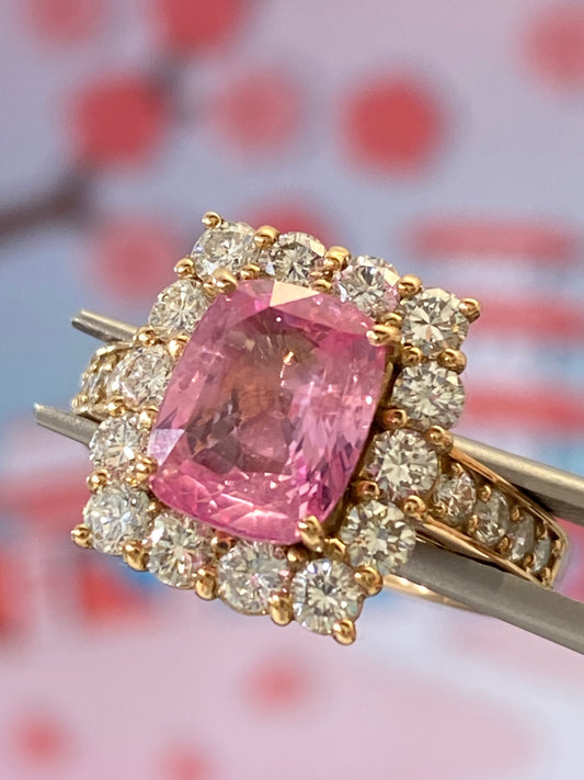 Padparadscha Sapphire Halo Diamonds Pink Gold Ring | no heat | GIA