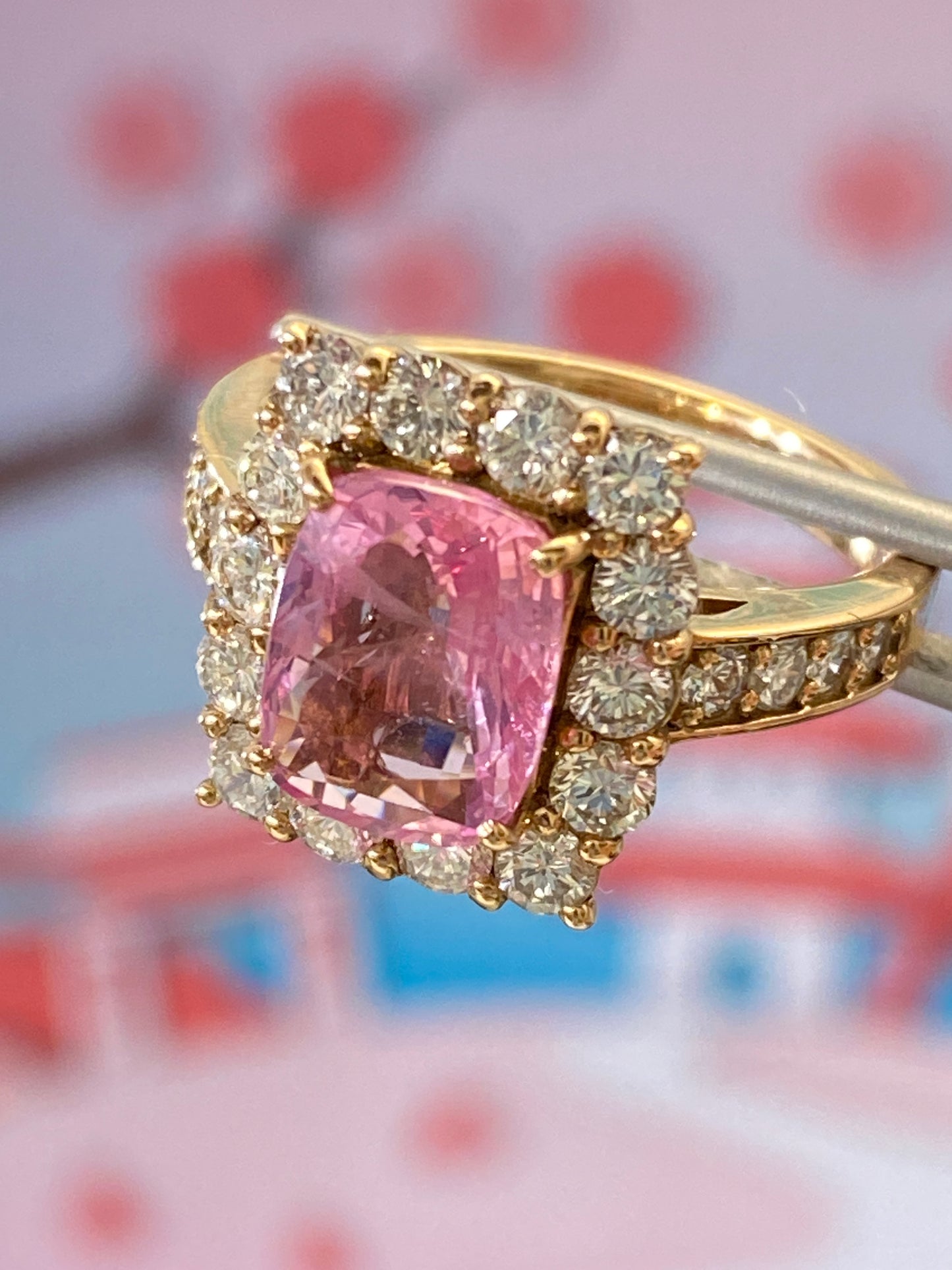 2 carat Padparadscha Sapphire Halo Diamonds Pink Gold Ring | no heat | GIA