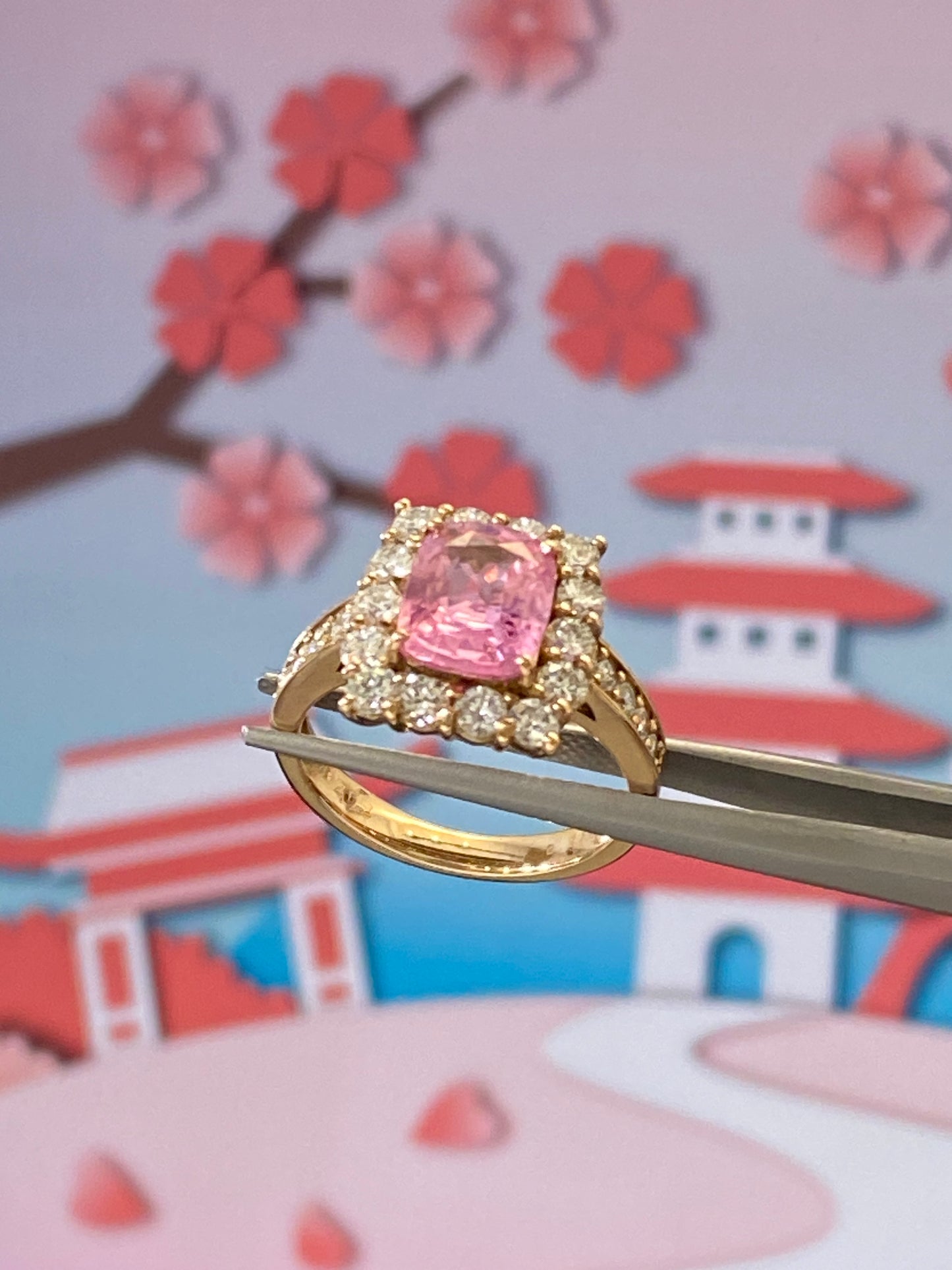 2 carat Padparadscha Sapphire Halo Diamonds Pink Gold Ring | no heat | GIA