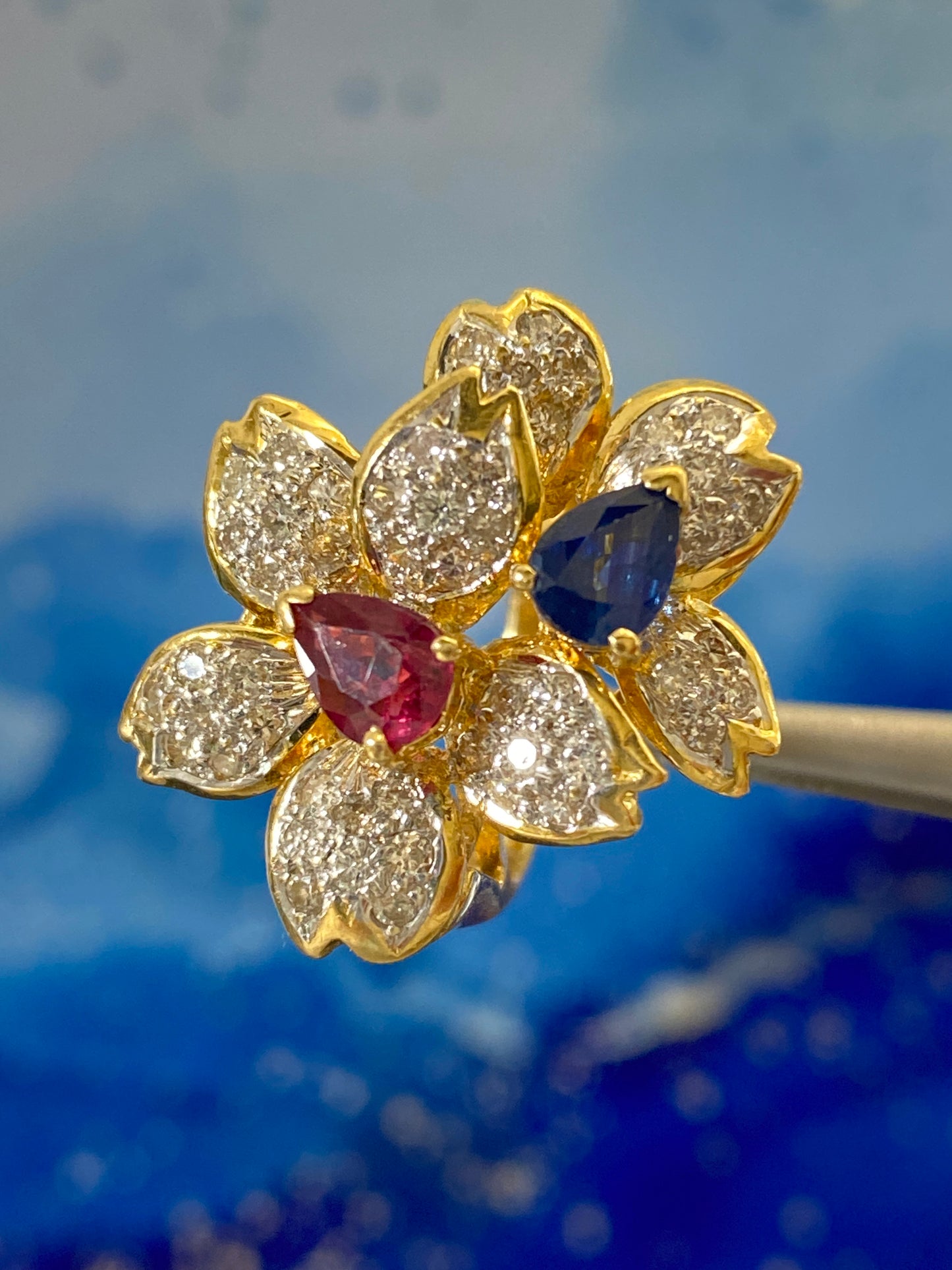 Sakura Twin Flower Motif Diamond Ruby Sapphire Ring