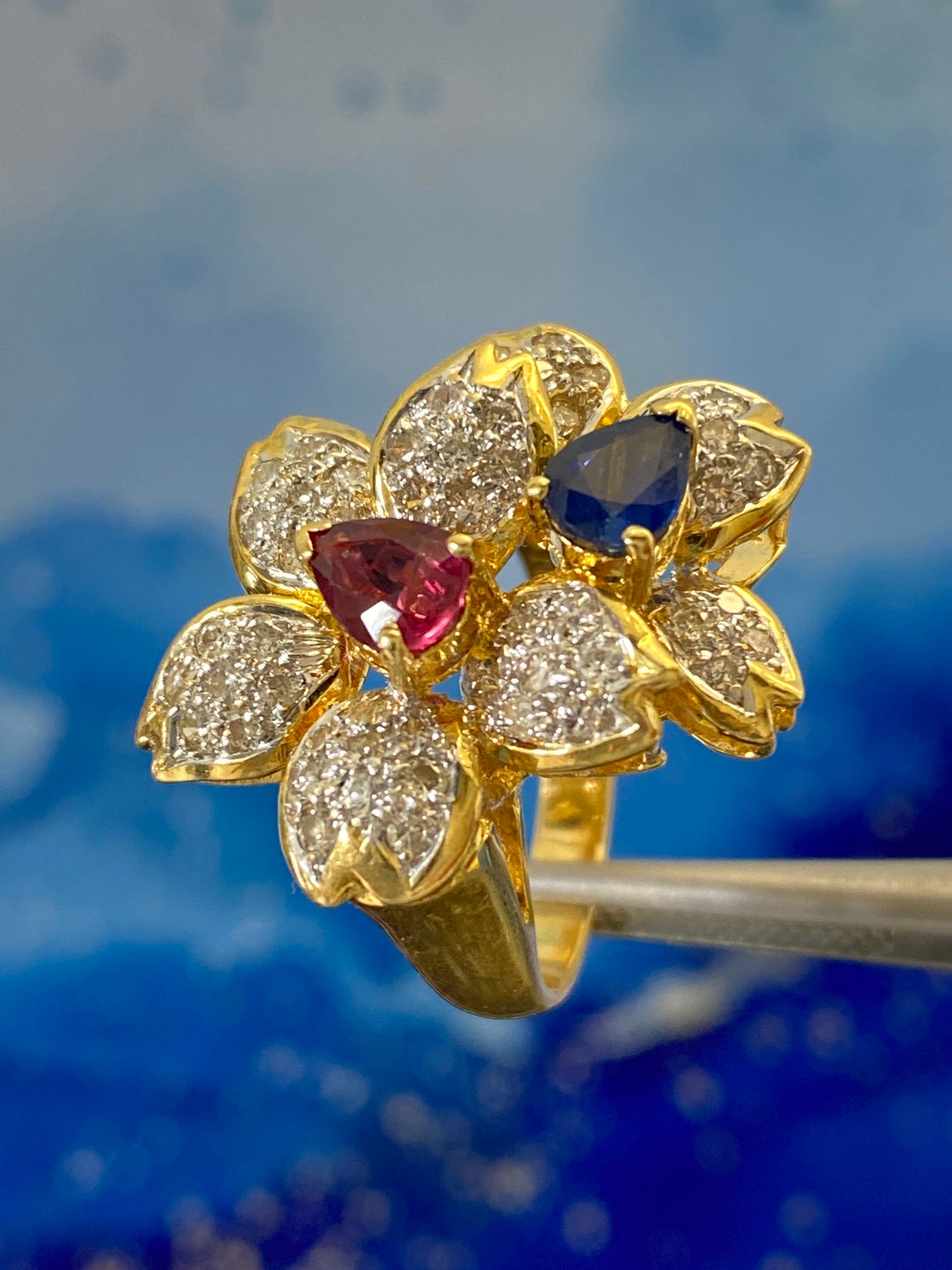 Sakura Twin Flower Motif Diamond Ruby Sapphire Ring