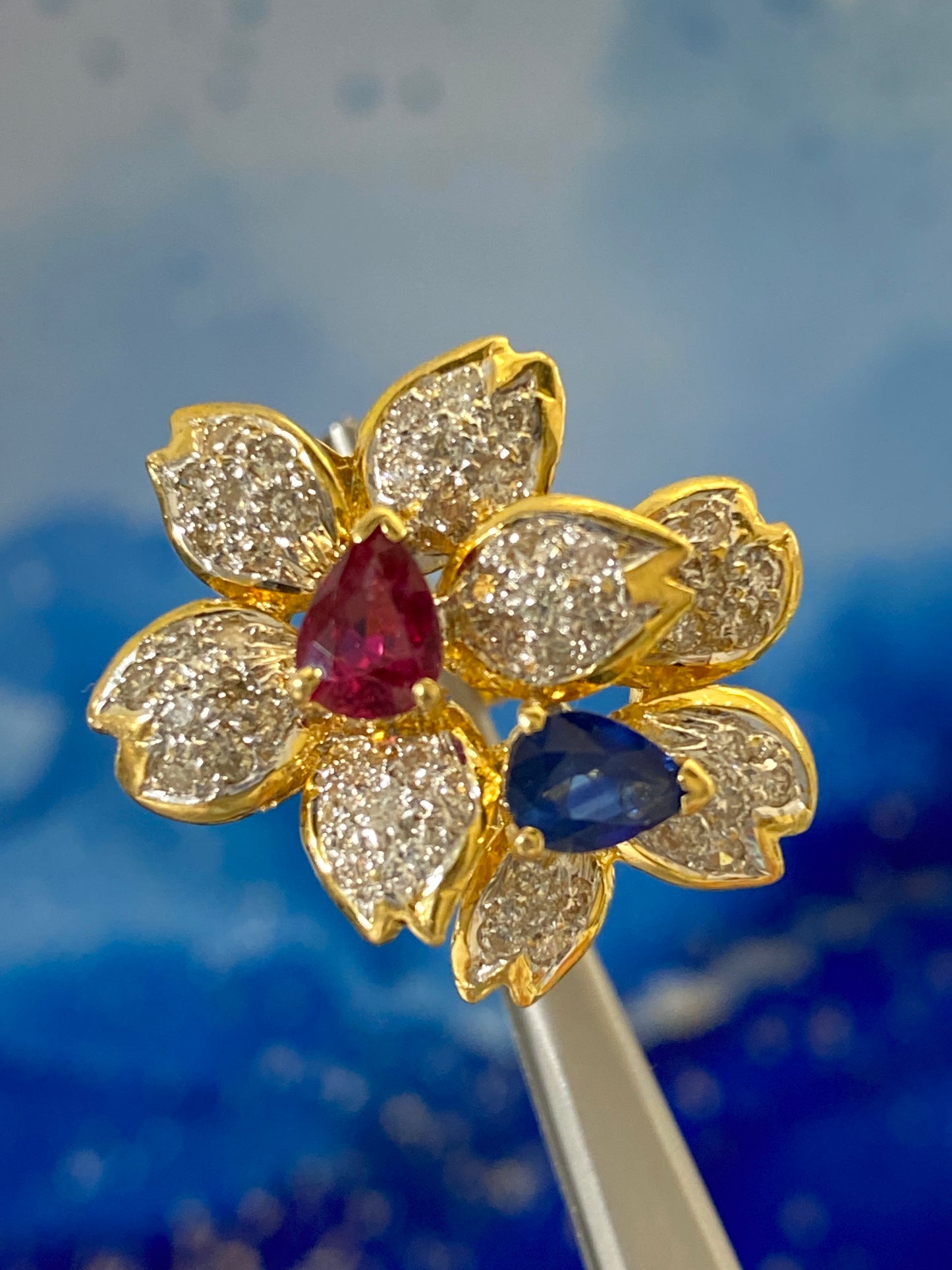 Sakura Twin Flower Motif Diamond Ruby Sapphire Ring