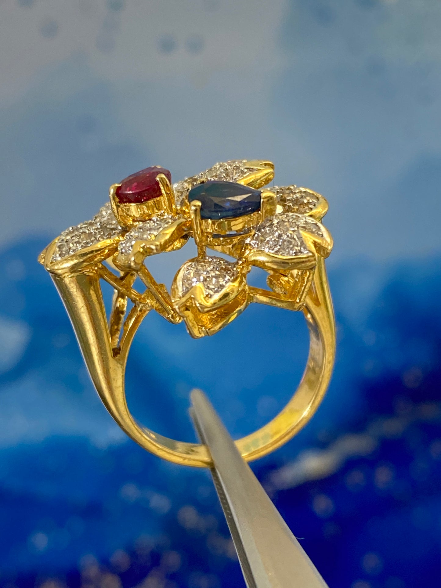 Sakura Twin Flower Motif Diamond Ruby Sapphire Ring