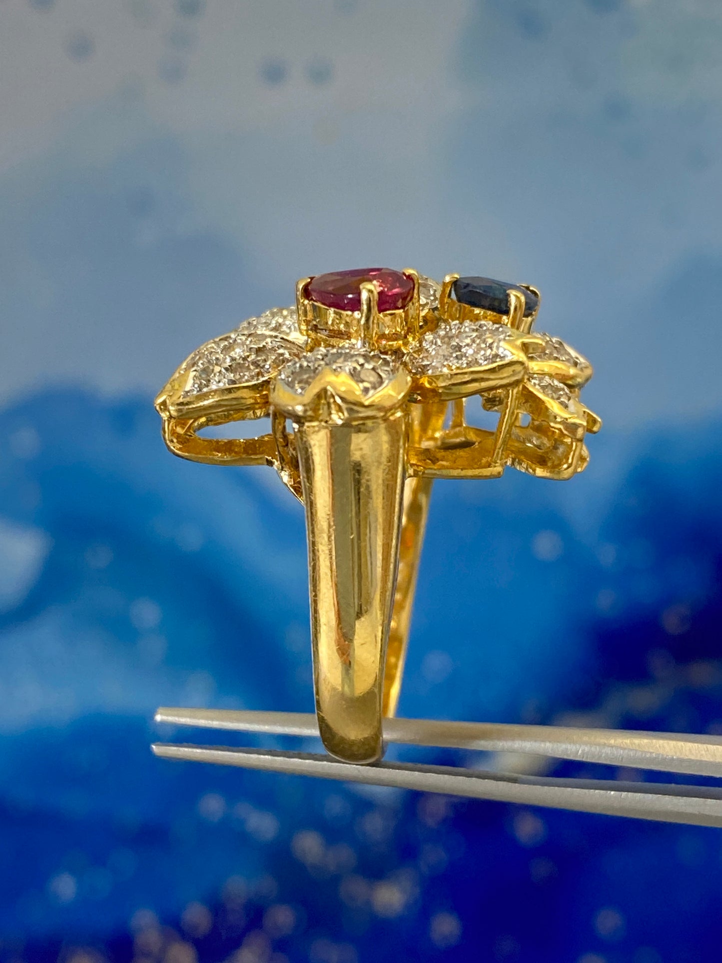 Sakura Twin Flower Motif Diamond Ruby Sapphire Ring