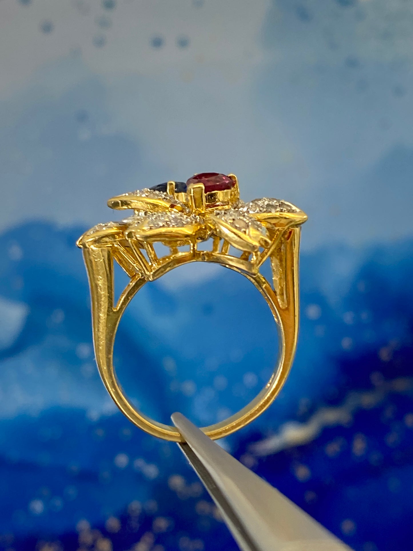 Sakura Twin Flower Motif Diamond Ruby Sapphire Ring