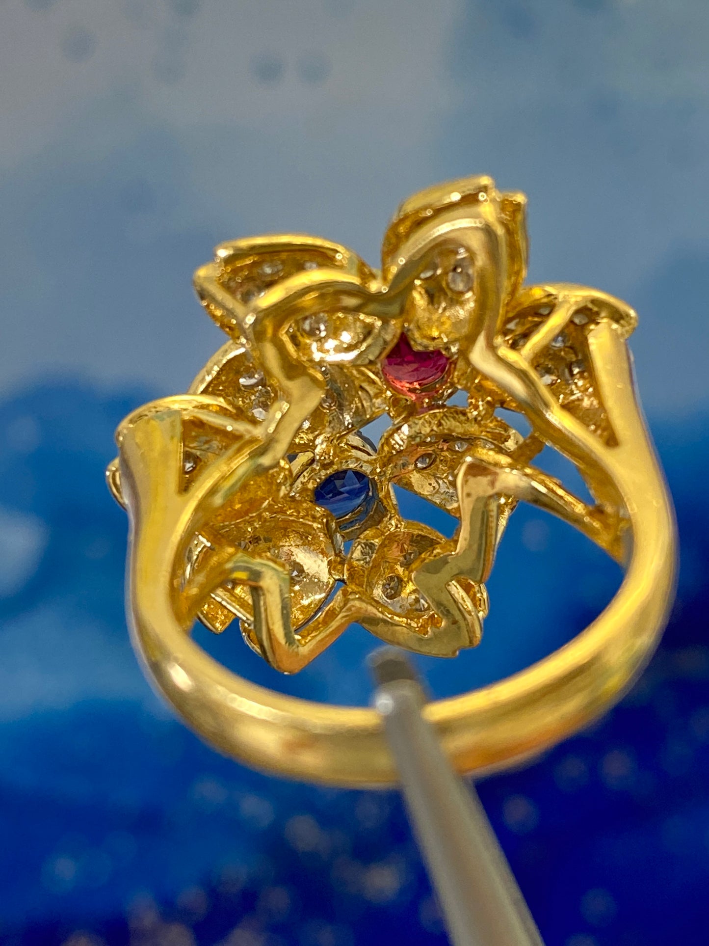 Sakura Twin Flower Motif Diamond Ruby Sapphire Ring