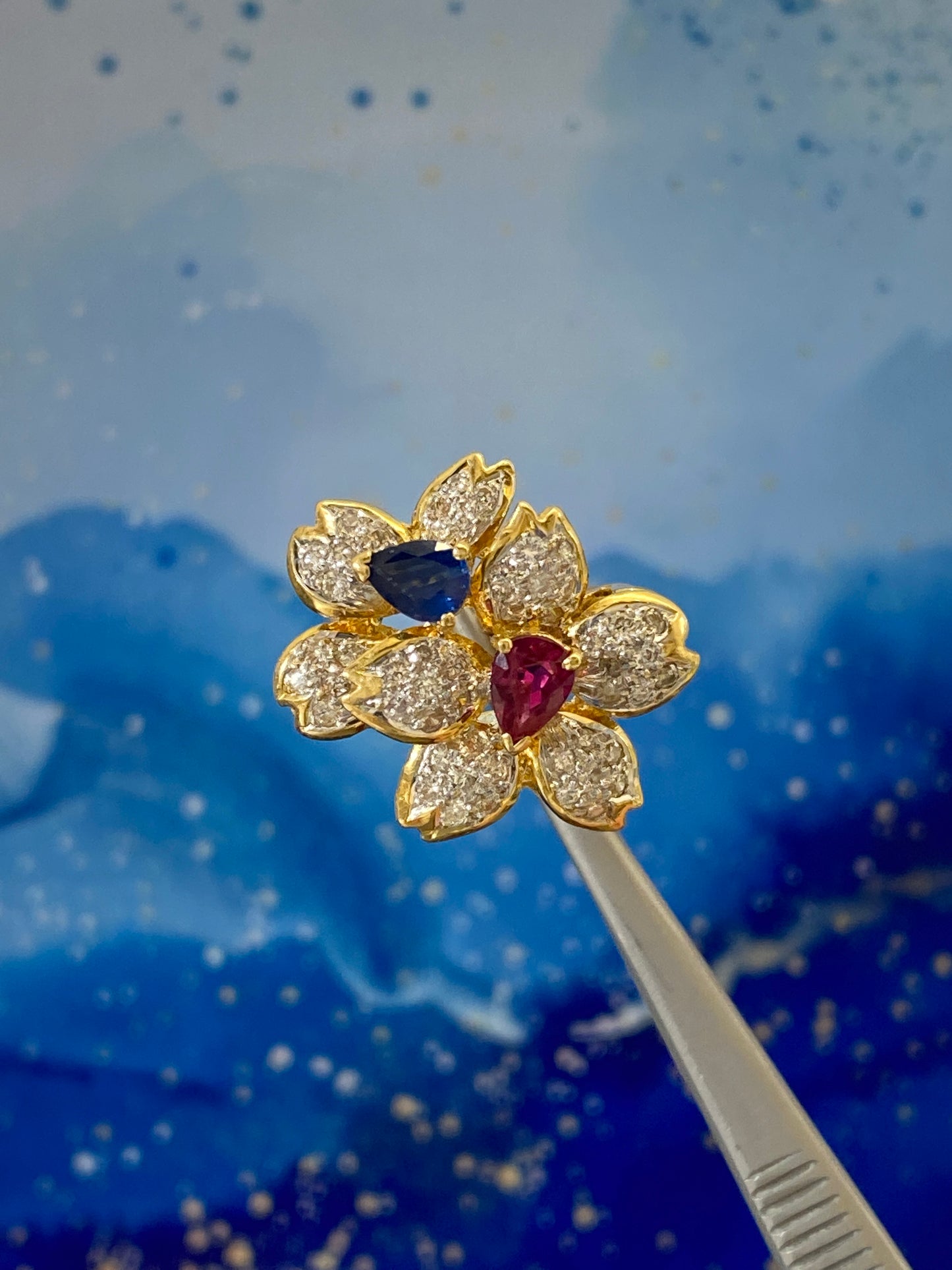Sakura Twin Flower Motif Diamond Ruby Sapphire Ring