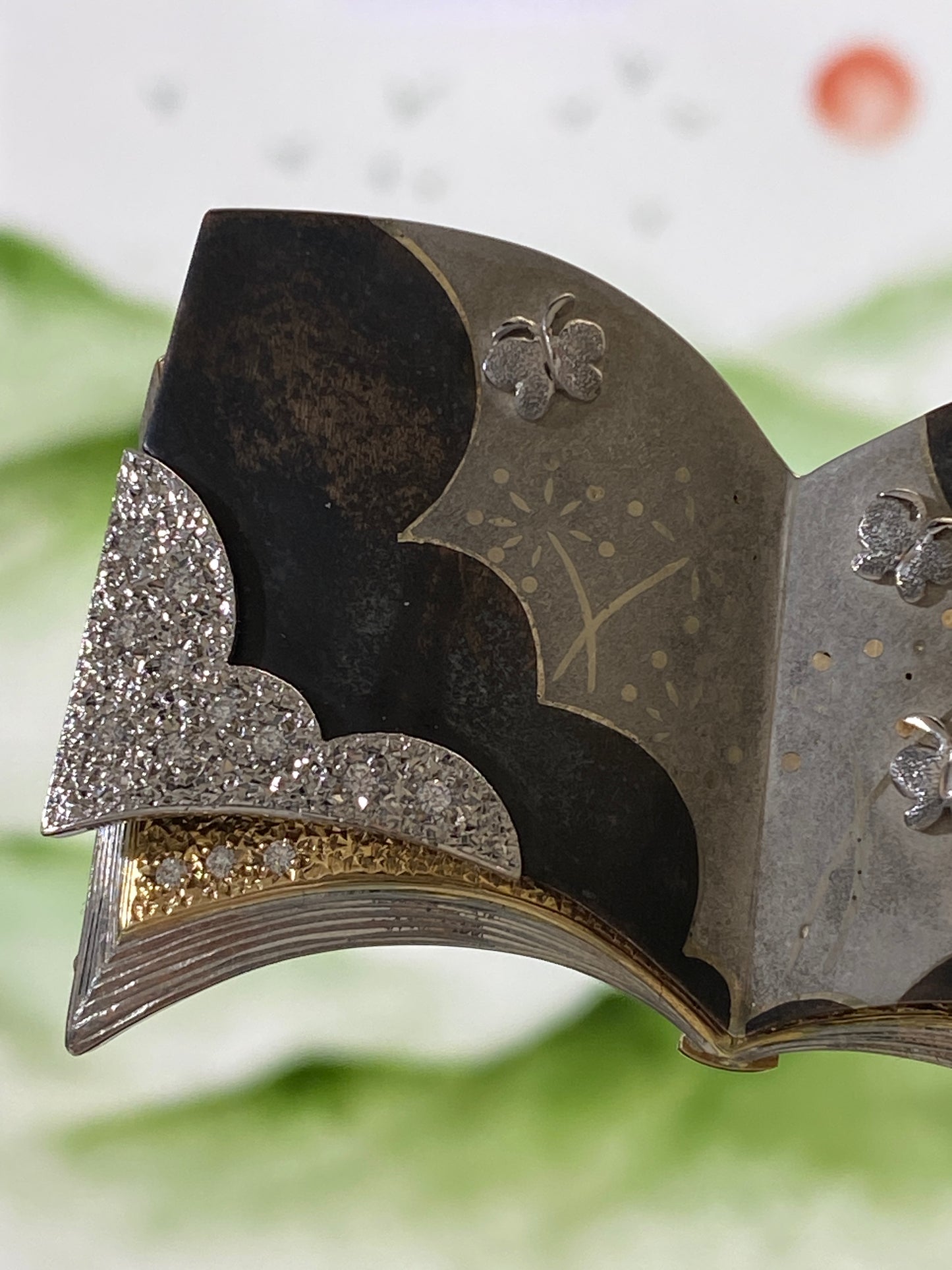 Nobuko Ishikawa's Book Motif Onyx Diamond Brooch and Pendant Top