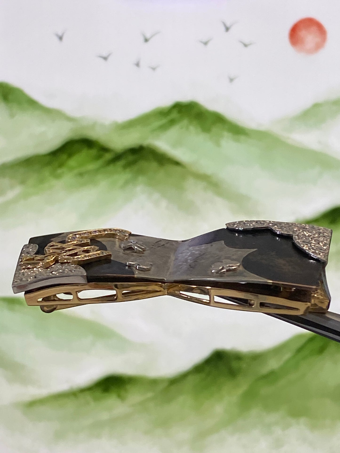 Nobuko Ishikawa's Book Motif Onyx Diamond Brooch and Pendant Top