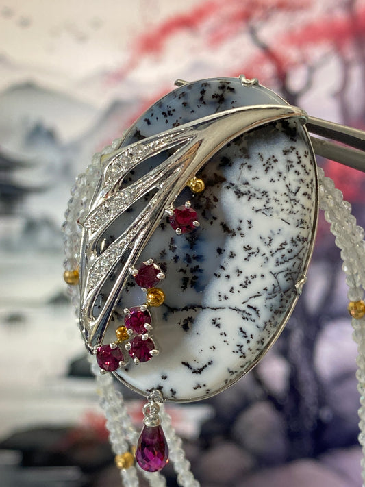 Sayuri Natori's Agate Painted Diamond Garnet Pendant Top Necklace