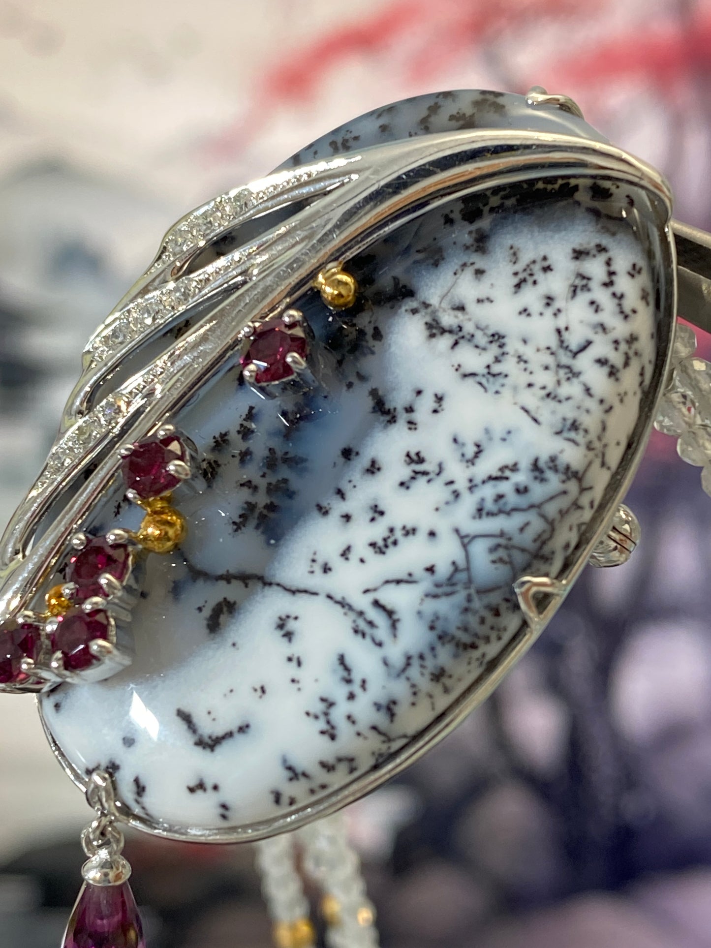 Sayuri Natori's Agate Painted Diamond Garnet Pendant Top Necklace