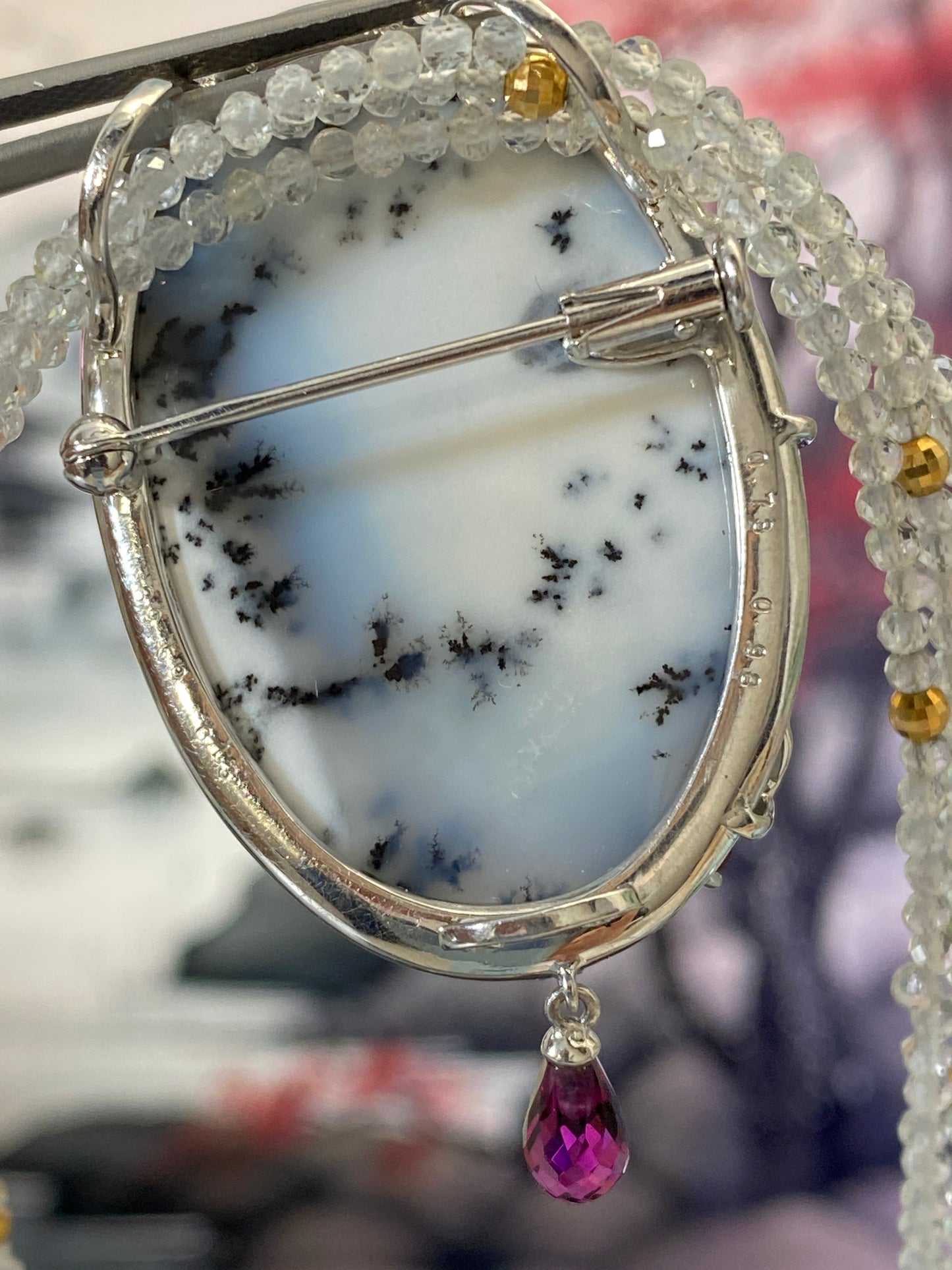 Sayuri Natori's Agate Painted Diamond Garnet Pendant Top Necklace