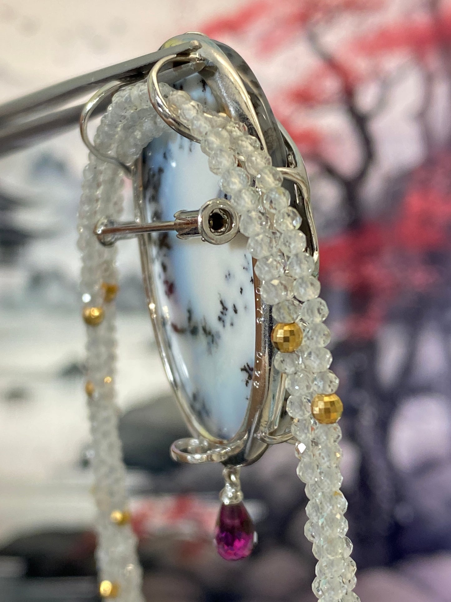 Sayuri Natori's Agate Painted Diamond Garnet Pendant Top Necklace