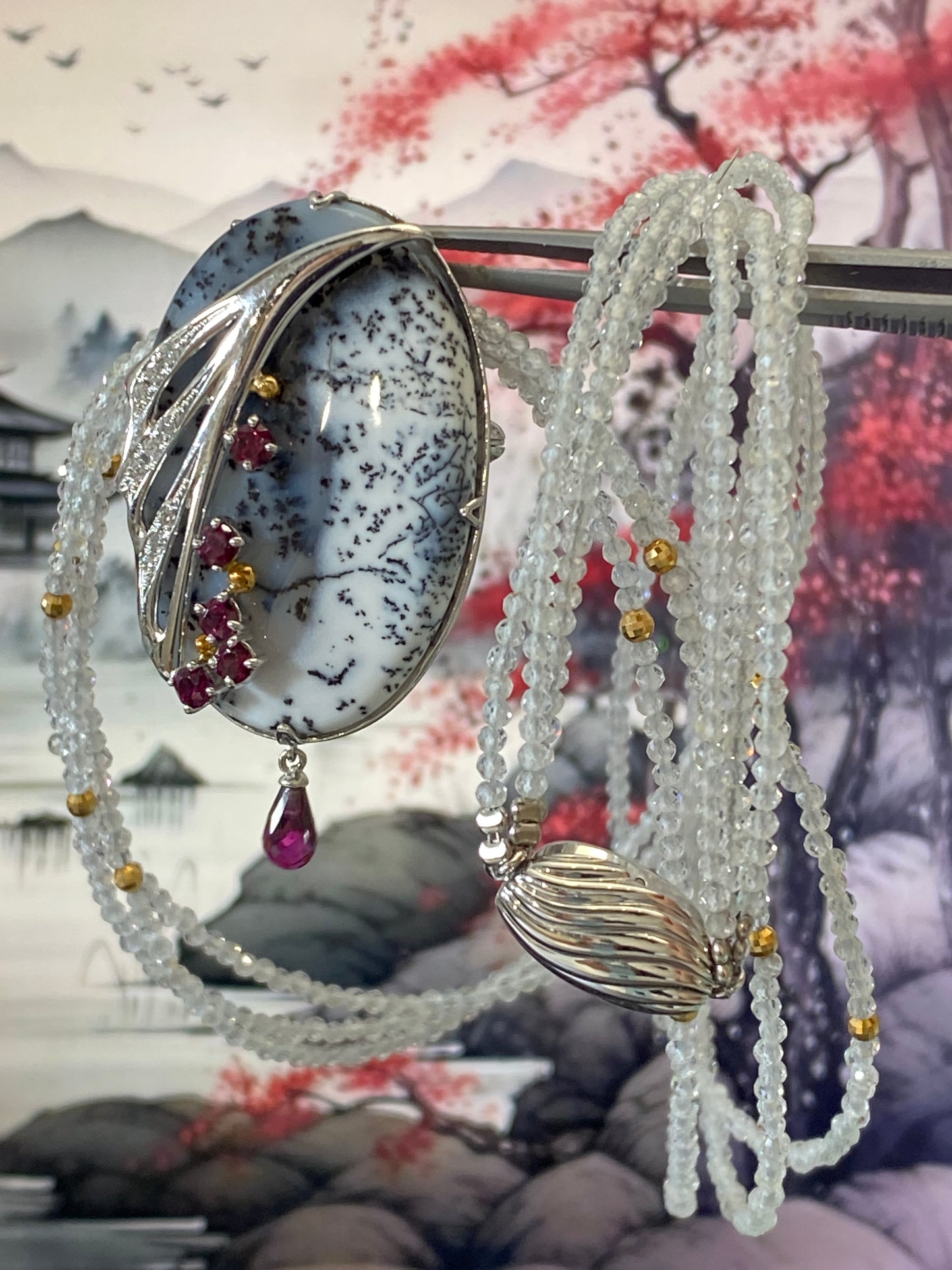 Sayuri Natori's Agate Painted Diamond Garnet Pendant Top Necklace
